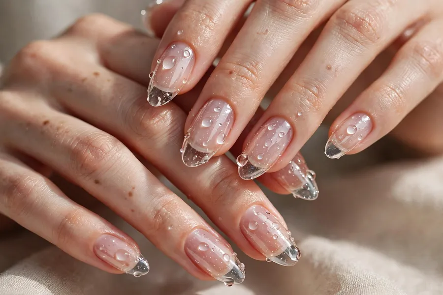 Dewdrop 3D gel drops on sheer glass nails on real hands