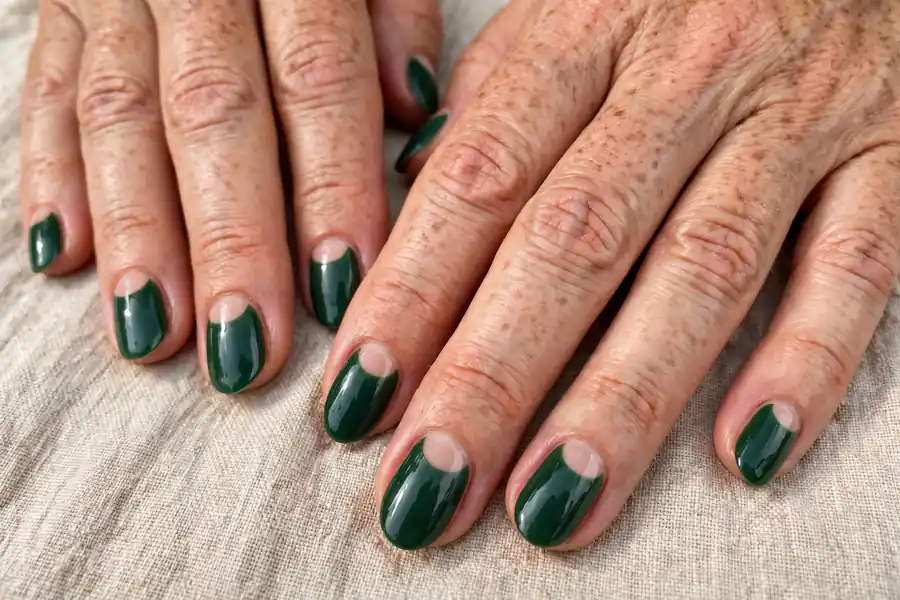 Evergreen half moon manicure on real hands
