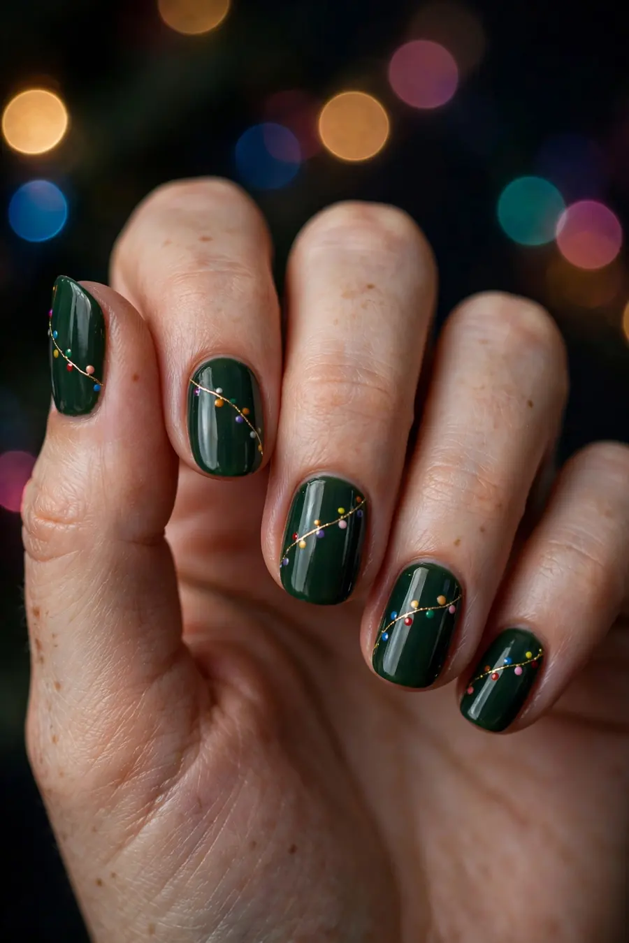 Twinkling fairy lights december nail ideas with multicolor dots like Christmas lights on dark green