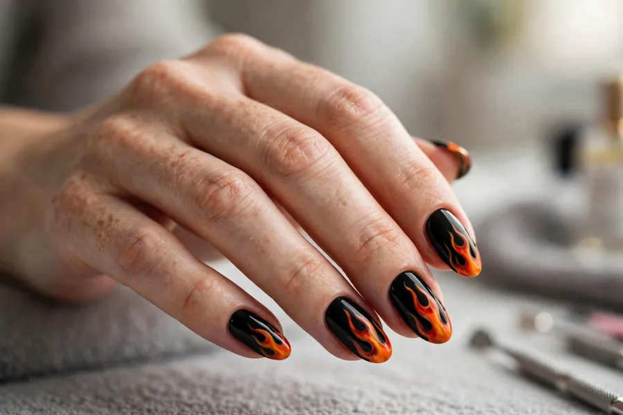 Black nails with flame tip art, fiery black nails design