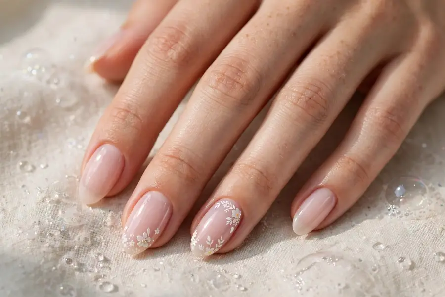 Bubble bath nails with delicate white floral micro art on real hands