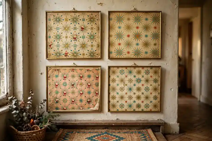 Vintage 1960s Christmas wrapping paper with retro Santa patterns framed on a wall