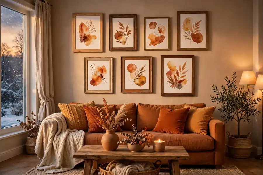 gallery wall with warm toned art prints above a living room sofa
