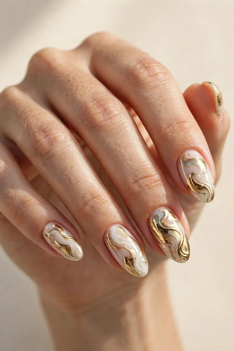 Hand with milky white nails and gold chrome swirls
