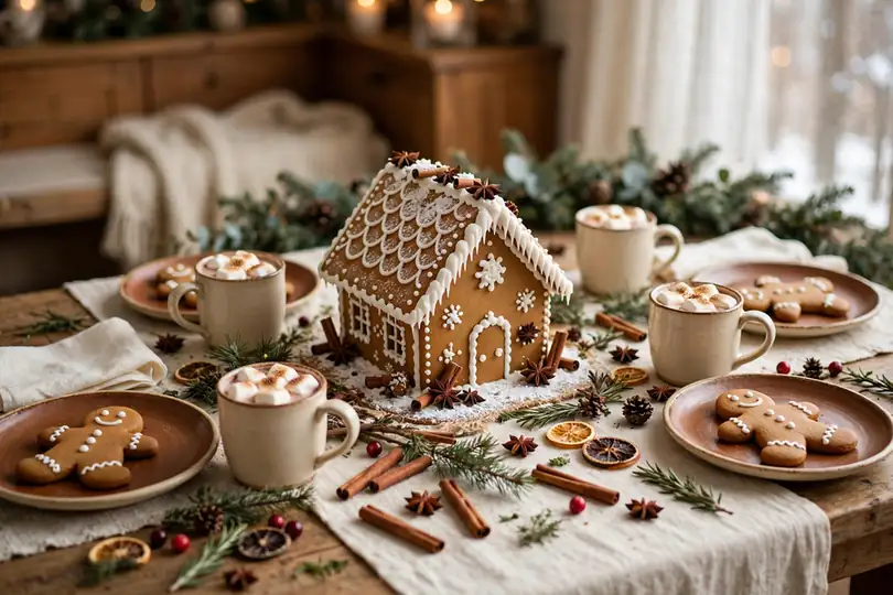 Gingerbread themed christmas table with gingerbread house centerpiece