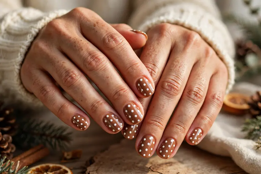 Gingerbread polka dot nails with white icing dots on brown on real hands