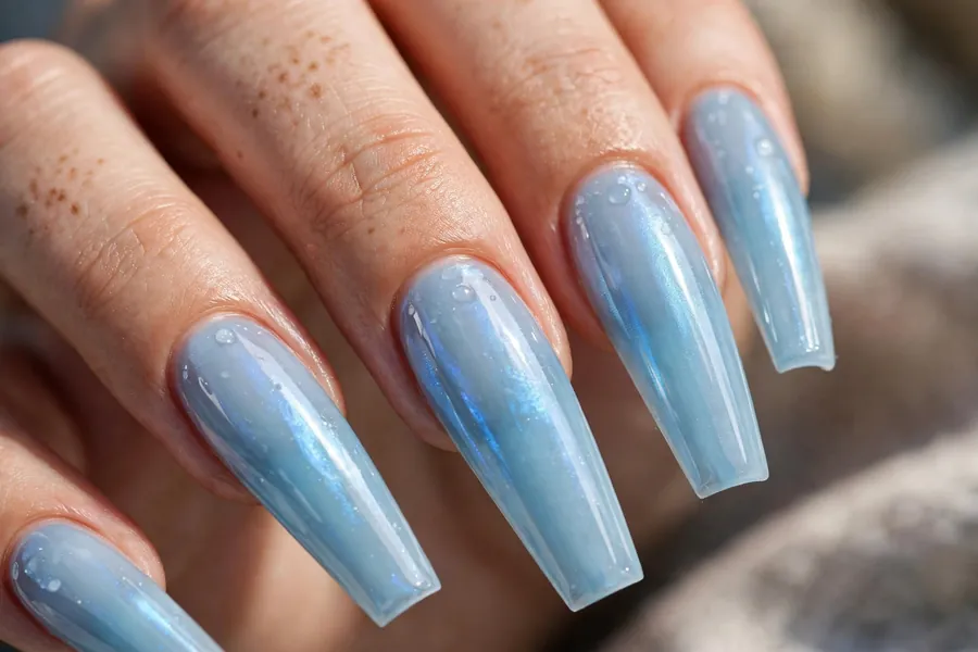 Long glacial ice blue coffin nails
