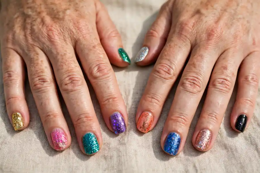 Mismatched glitter nails in different colors on real hands