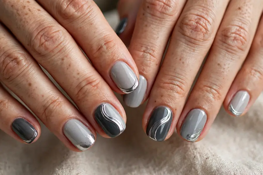 Grey tonal silver chrome nails on real hands in shades of grey and silver