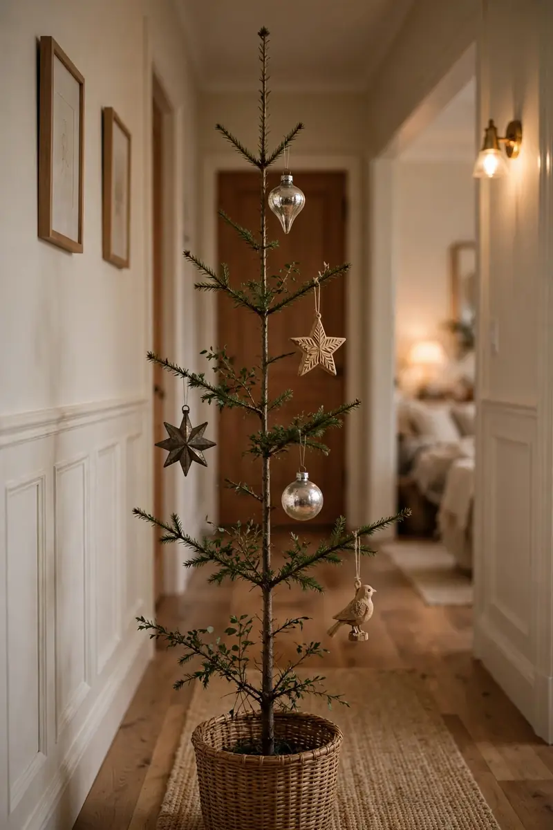 Calm Christmas tree with a few mercury glass and wooden heirloom ornaments