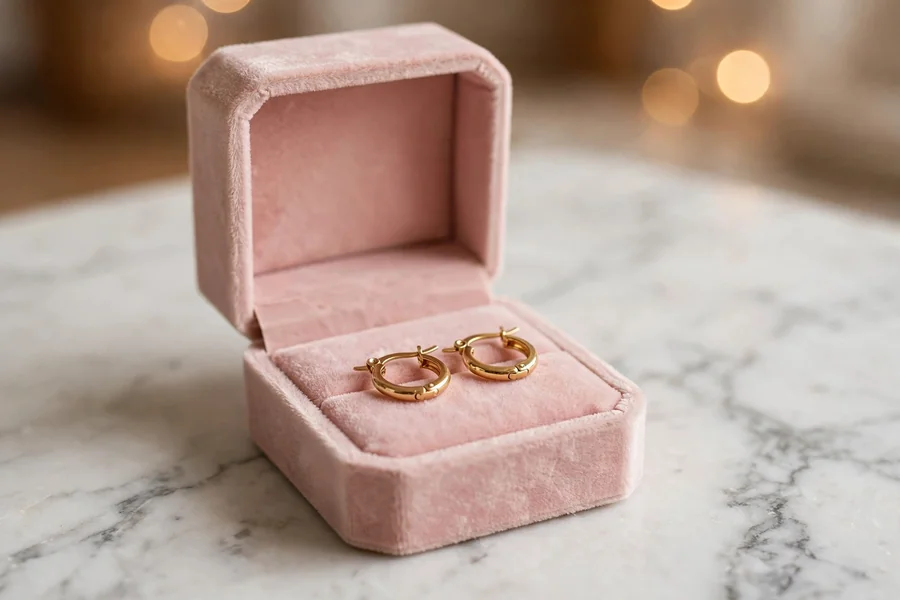 Pair of mini gold hoop earrings in a blush jewelry box