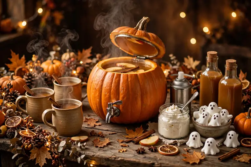 Halloween hot cider and cocoa bar with pumpkin dispenser, mugs and topping station