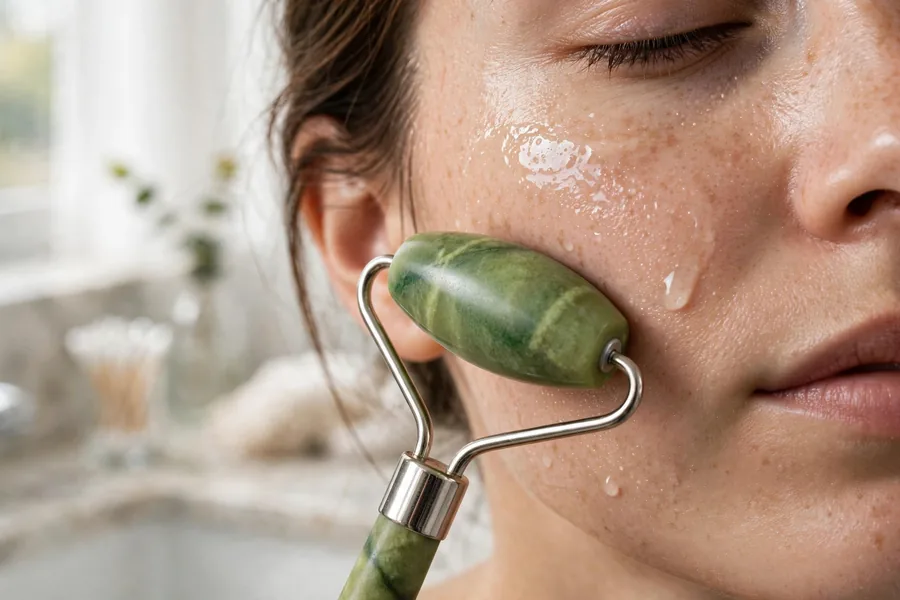 Jade roller gliding over facial skin in morning light