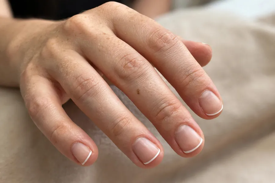 White micro French tips on short squoval nails