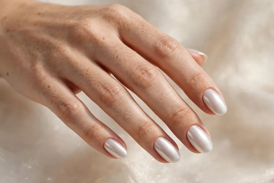 Pearl white chrome birthday nails