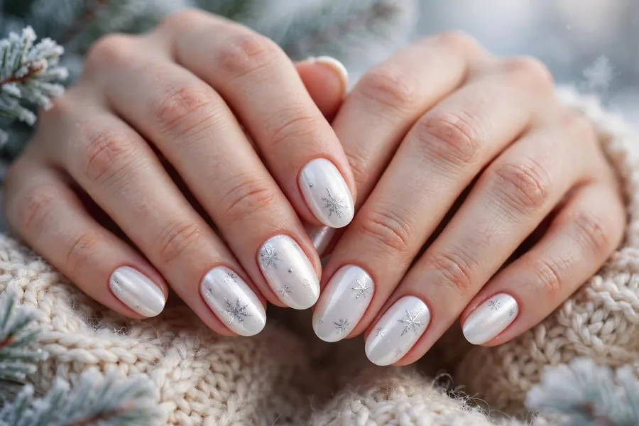 Pearlescent white nails with subtle silver snowflake nail art on real hands