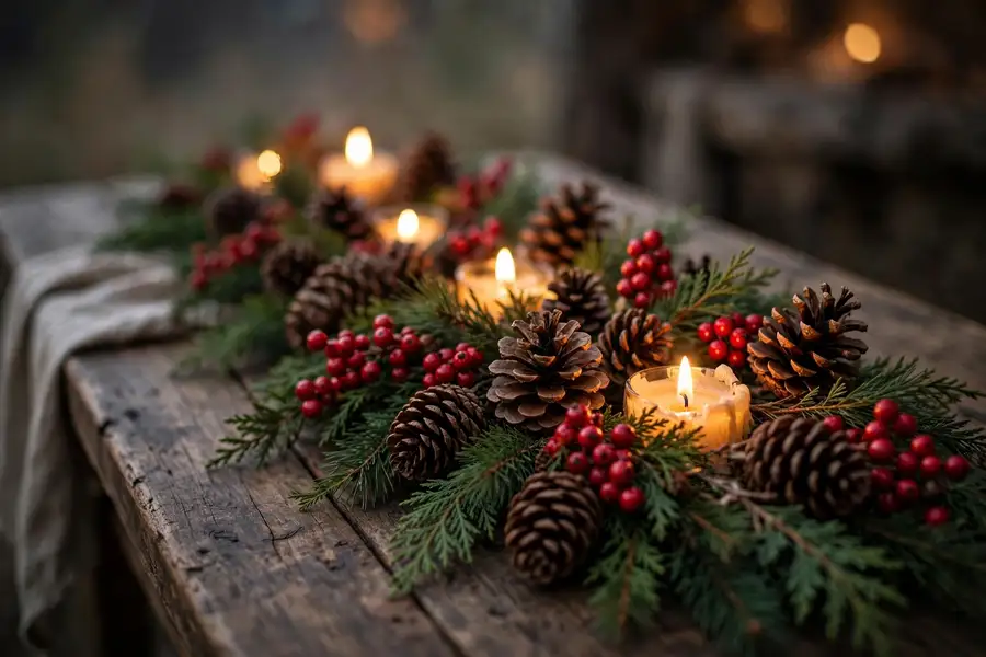 Pinecone and red berry garland as a thanksgiving table runner