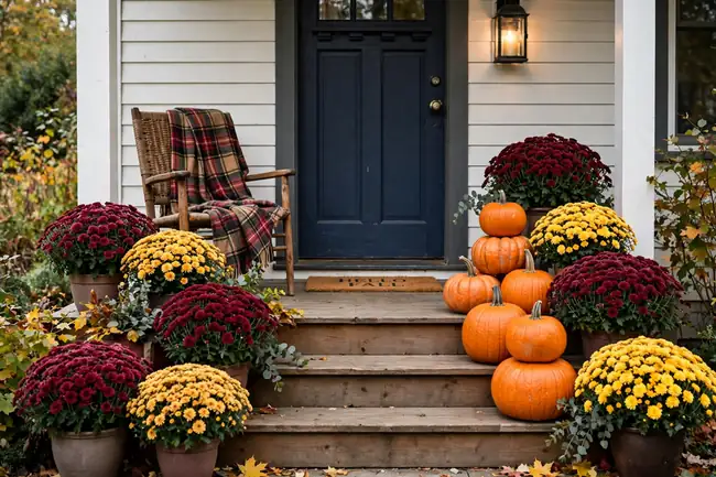 Fall home decor ideas with mums and pumpkins on a front porch