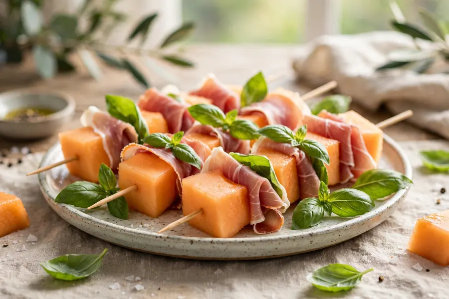 Prosciutto and melon skewers with basil on a platter