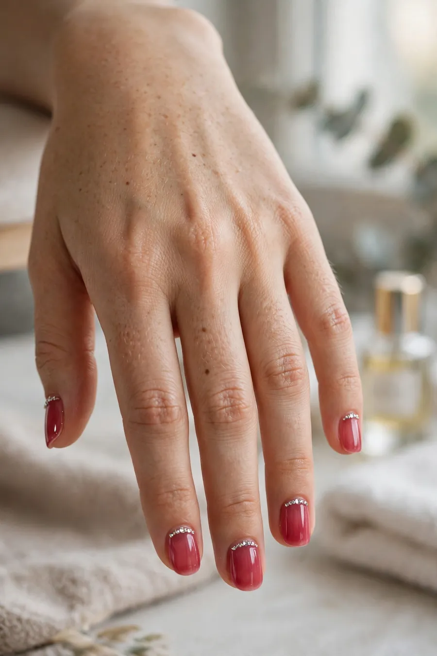 Raspberry jelly nails accented with subtle sparkling rhinestones
