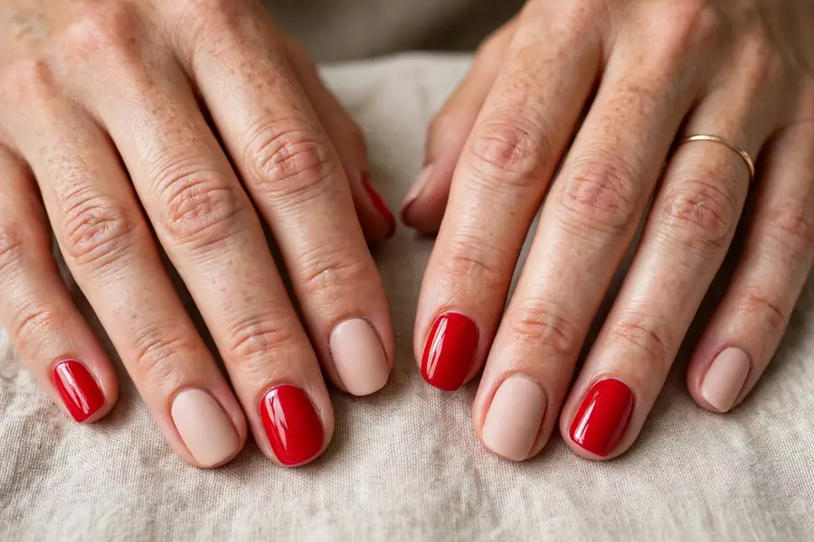 Colour-block manicure with bold red and soft nude nails on real hands