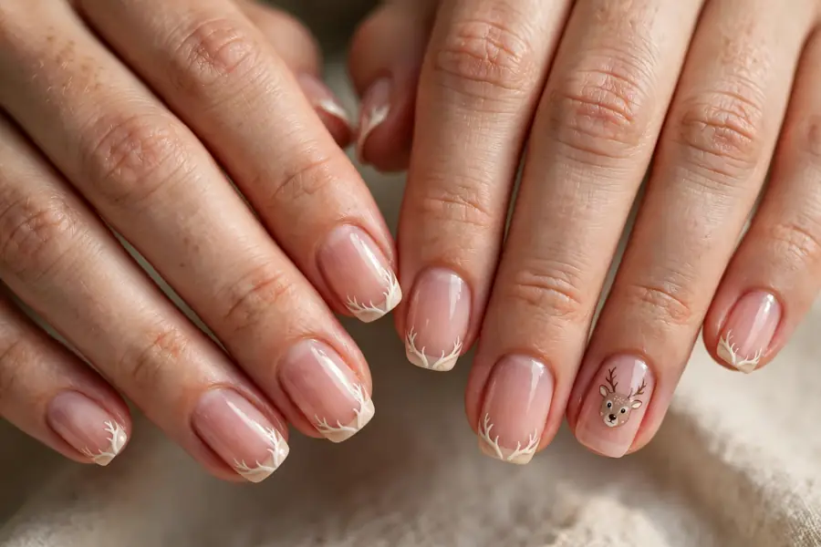Reindeer French tip nails with antlers on the tips on real hands