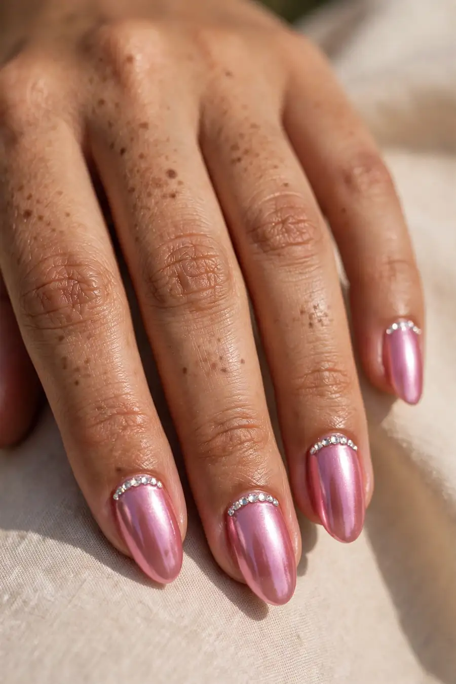 Jelly pink chrome nails with tiny rhinestones along cuticles