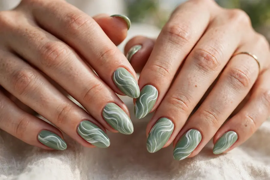 Sage green nails with soft white swirl art