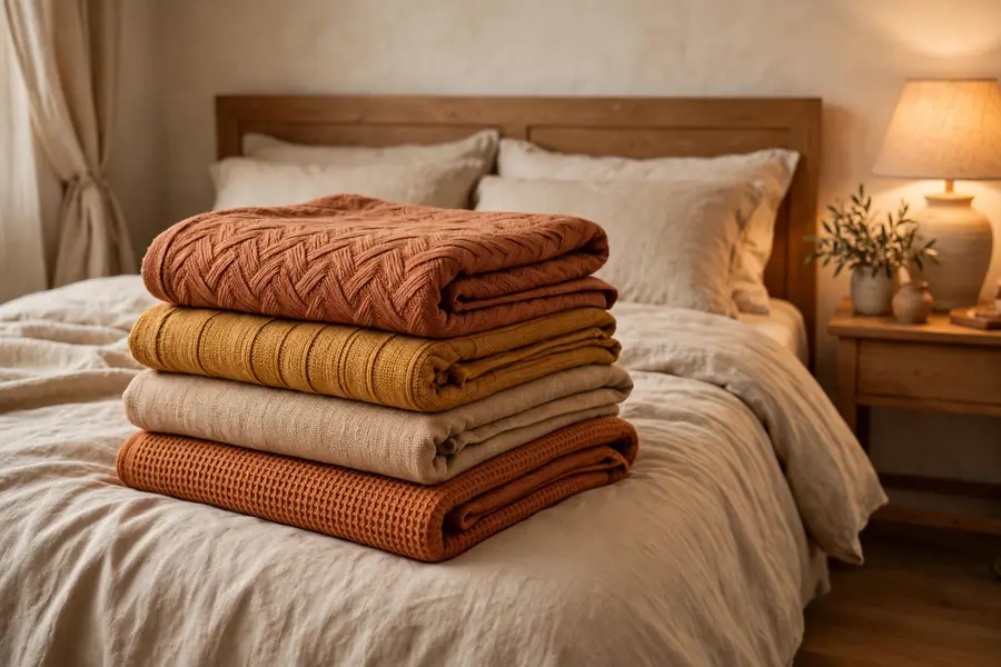 layered blankets in warm tones folded on a cozy bedroom bed