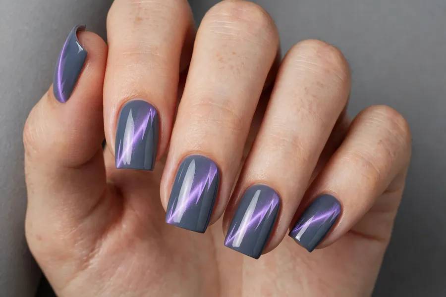Square nails with slate-to-lavender two tone cat eye nail polish, stormy duochrome effect