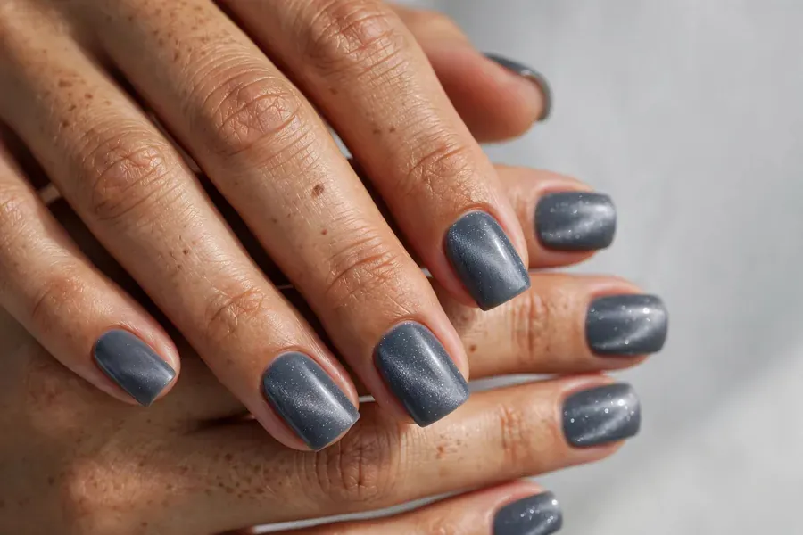 Slate grey velvet nails on real hands