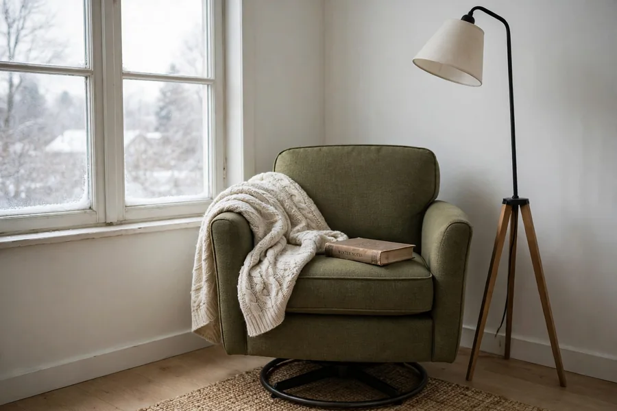 Swivel armchair in a spare corner with a book blanket and floor lamp