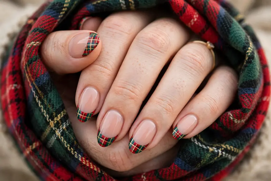 Tartan plaid Christmas French tip nails on real hands wrapped in a plaid scarf