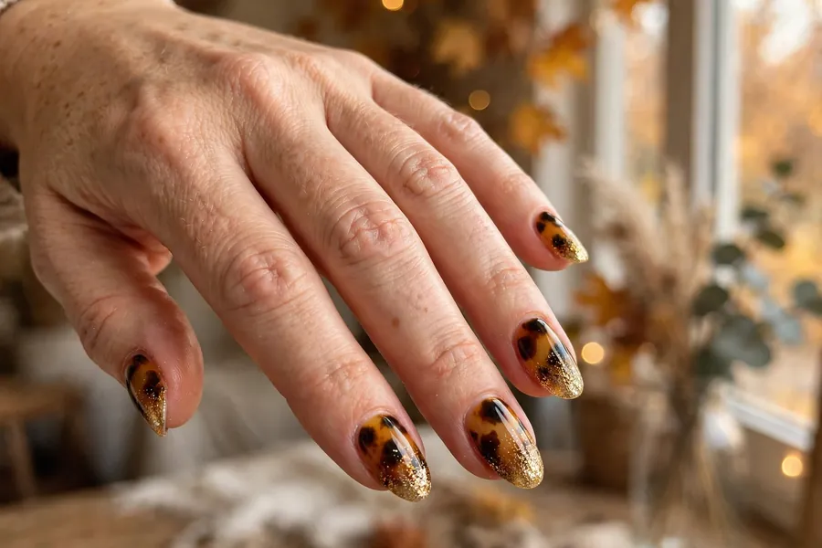 Tortoiseshell nails with a gold glitter topper