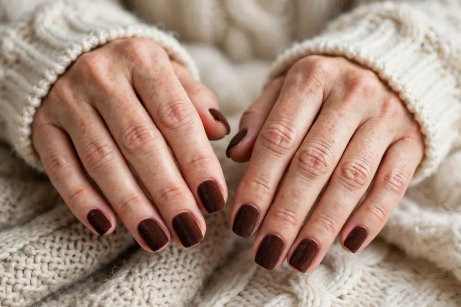 Velvet cocoa textured hot chocolate nails on real hands