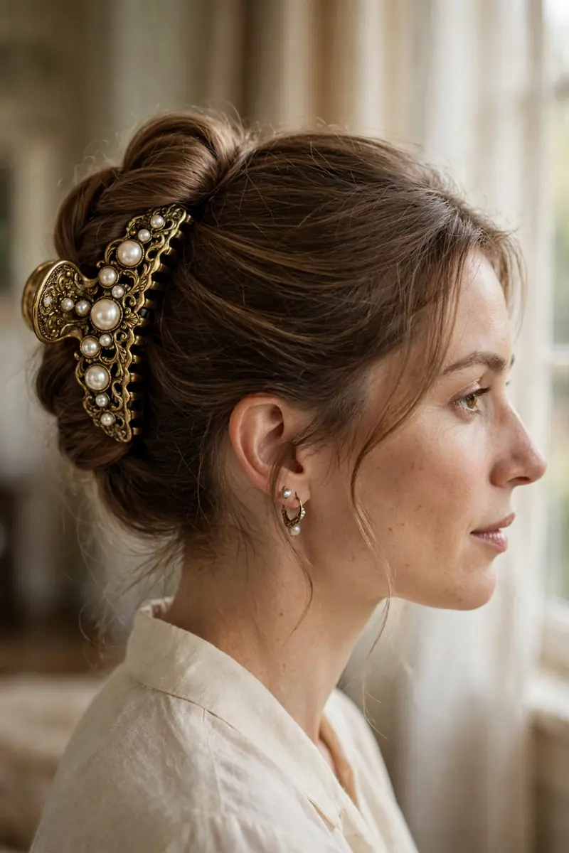 elegant updo wearing a vintage style pearl claw clip