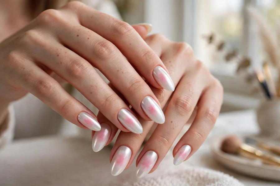 White aura milky white chrome nails with a blush pink center glow