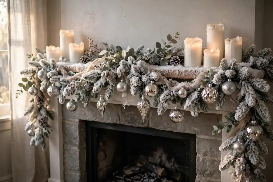 White flocked Christmas mantel with snowy garland and silver ornaments