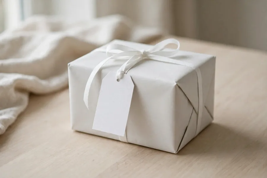 A Christmas gift wrapped in matte white paper with a white ribbon and plain tag