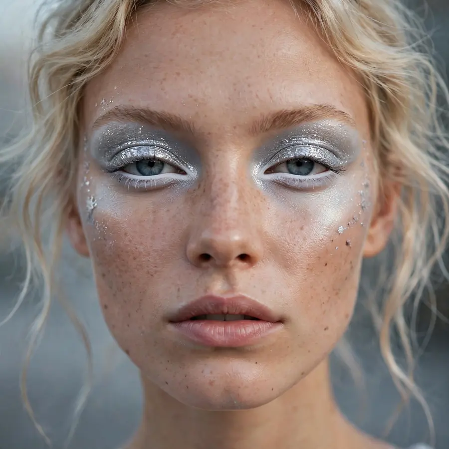 White frost eyeliner on the waterline with silver shimmer lids