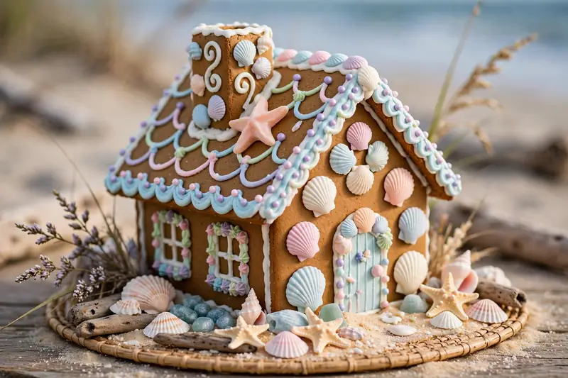 Photorealistic photograph of a gingerbread house decorated with seashell candies, pastel icing and beach theme