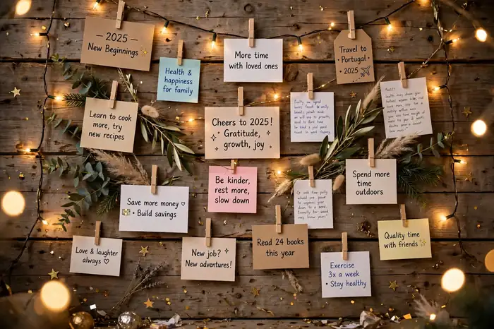 New Year wish wall with cards and fairy lights for a party