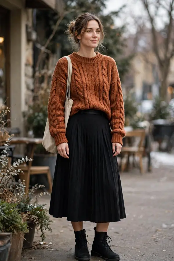Woman wearing a rust knit sweater with a black midi skirt and ankle boots