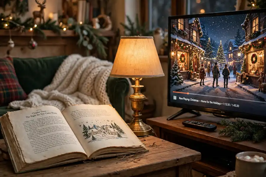 Open storybook and warm lamp beside a television playing a Christmas movie in a cozy room