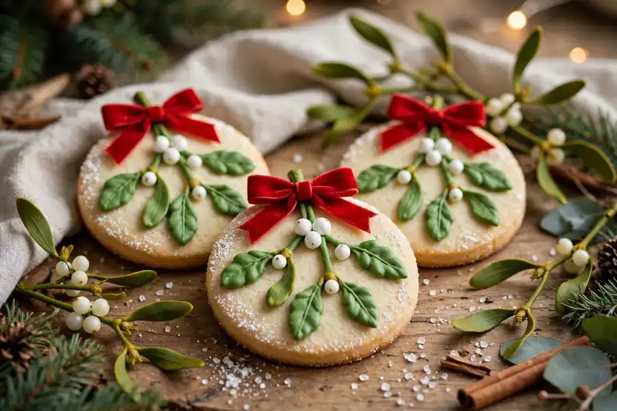 Mistletoe cookies with green leaves, white berries and red ribbon bows
