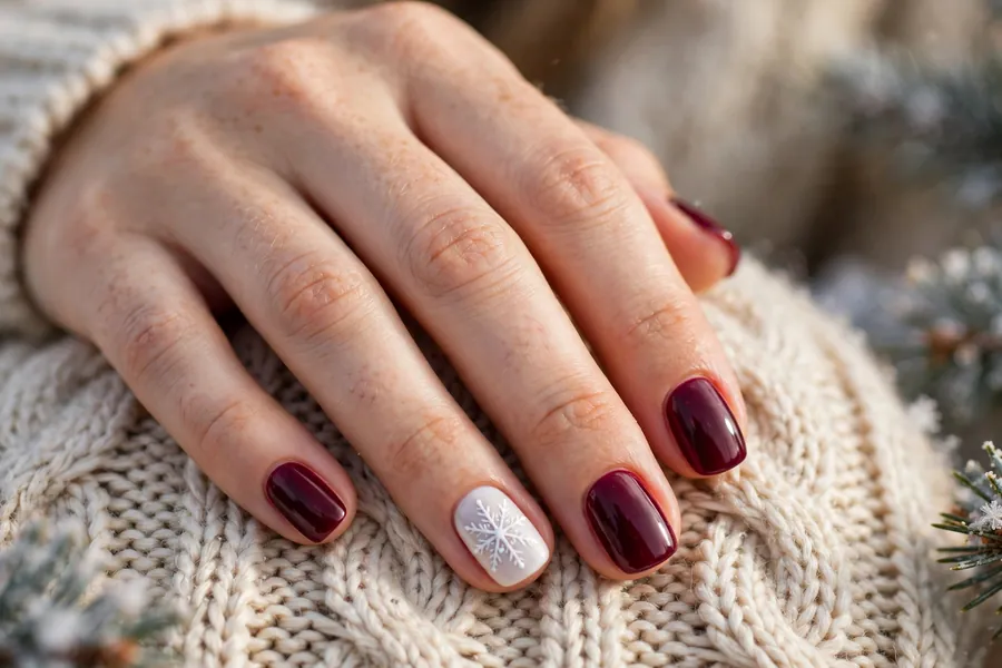 Cranberry nails with white snowflake accent nail
