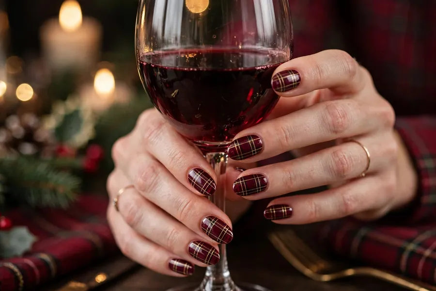 Burgundy and gold royal plaid nails