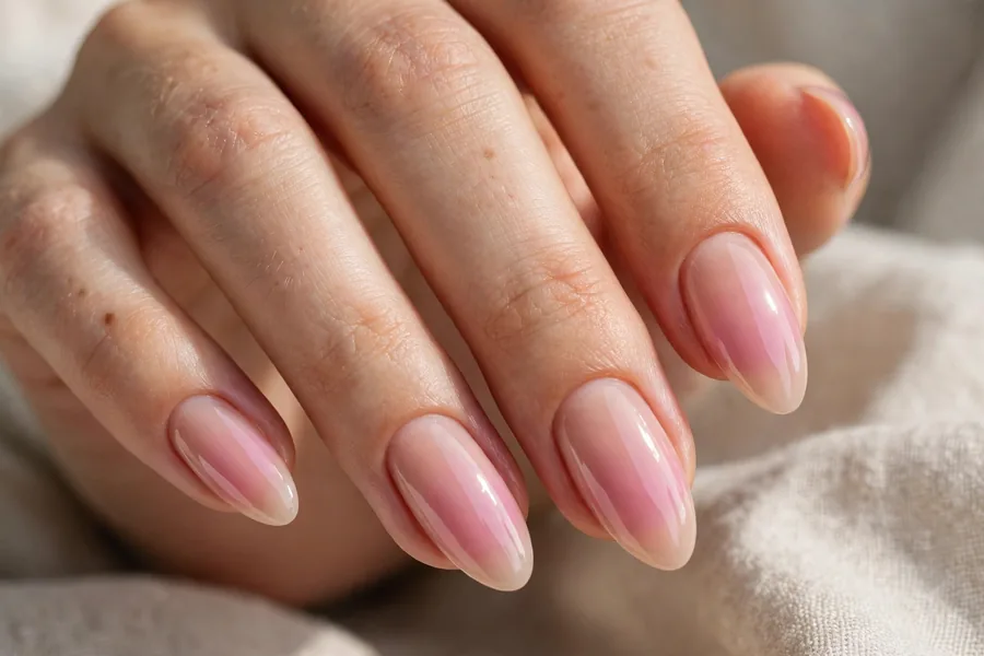 Real hand with pink and nude aura lip gloss nails, glossy finish