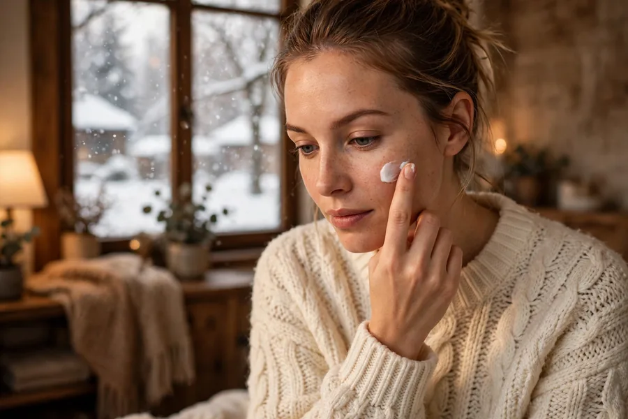 Woman reapplying moisturizer after coming in from the cold