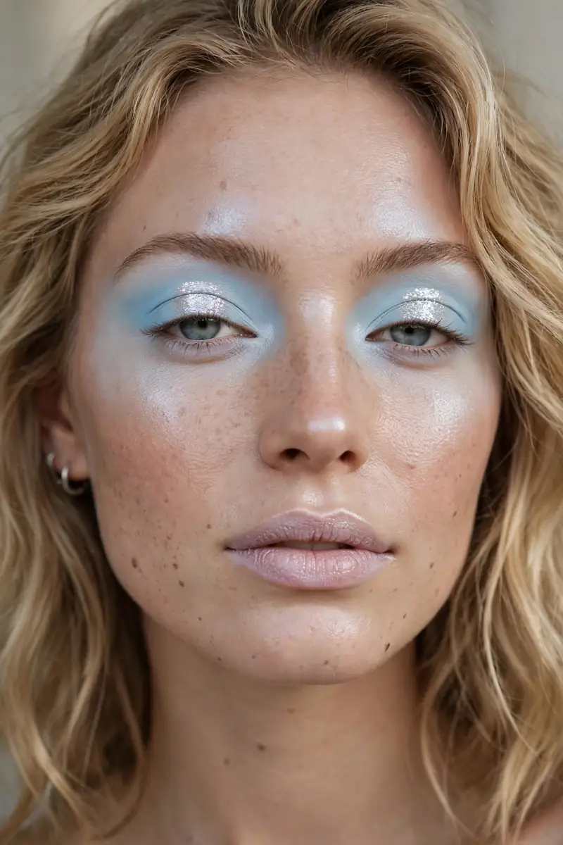 Pastel blue and silver frosted eyeshadow duo look